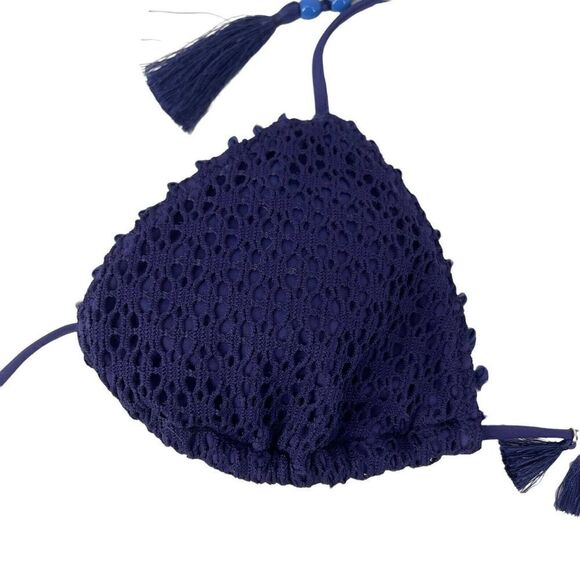 Victorias Secret Teeny Triangle Bikini Top Navy Blue Tassel Crochet Lace Size M - Picture 5 of 10